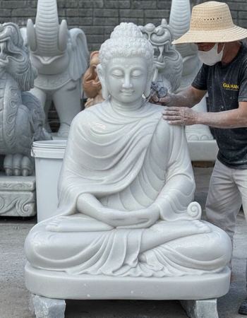 Tượng phật thích ca ngồi đá trắng nguyên khối  cao 68 x 50 x 35 cm T265