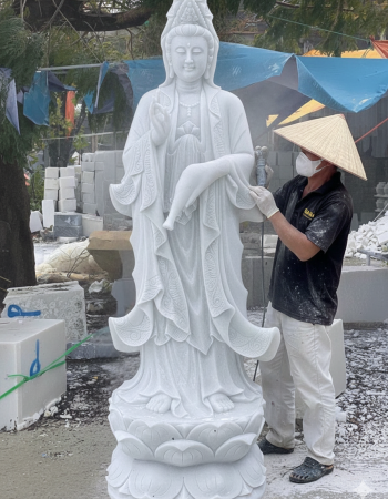 Tượng phật bà quan âm đá trắng nguyên khối cao 2.15m T257