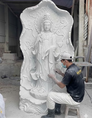 Tượng phật bà quan âm đá trắng nguyên khối cao 2m T249