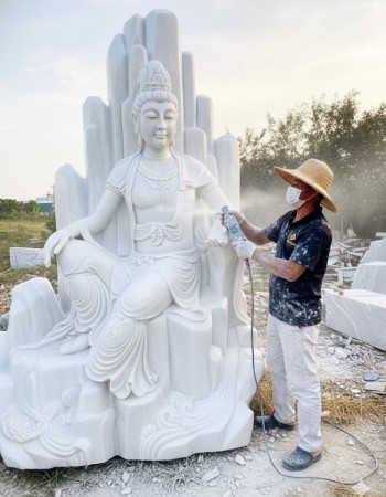 Tượng đá mỹ nghệ quan âm bồ tát tự tại bằng đá trắng nguyên khối cao 3m T263