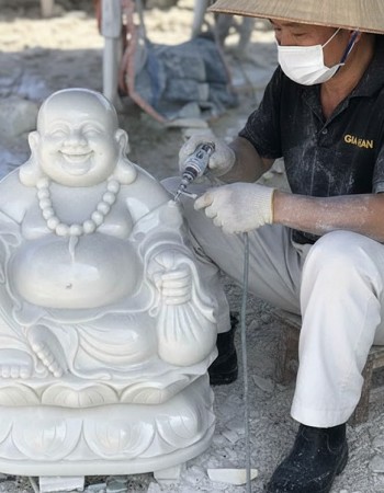 Tượng điêu khắc Phật Di Lặc ngồi trên đài sen bằng đá trắng nguyên khối cao 90cm T217