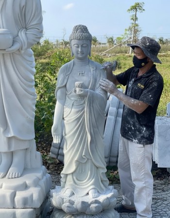 Tượng Phật Thích Ca đá trắng nguyên khối cao 1m23, ngang 30cm, dài 40cm  T122