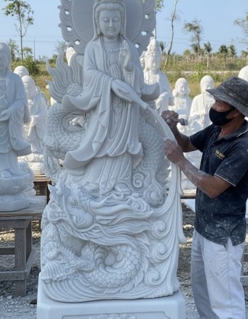 Tượng phật quan âm cưỡi rồng đá trắng nguyên khối cao 1m6, ngang 50cm T124