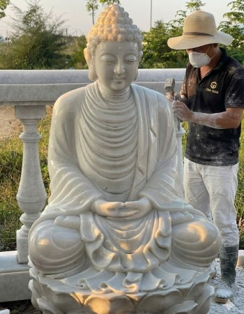 Tượng phật thích ca đá trắng Cao 1.2m ngang 60cm dài 60cm  T143