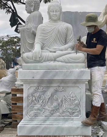 Tượng phật thích ca ngồi  đá trắng nguyên khối  Tượng cao 103cm x 81 x 52 (cm), đế cao 81cm x 85 x 55 (cm) T271