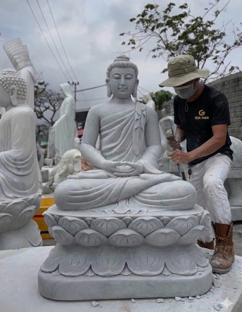 Tượng phật thích ca ngồi đá trắng nguyên khối  cao 95cm ngang 63m sâu 45cm T270