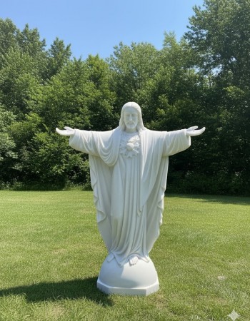Tượng Chúa Giêsu dáng giang tay với vầng áo hào quang ở giữa ngực cao 1m5 đá trắng T206