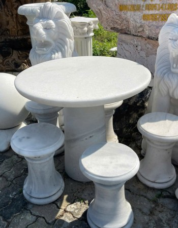Bộ bàn ghế đá trắng nguyên khối - Bàn đường kính 70cm cao 74cm, ghế đường kính 28cm cao 44cm T102