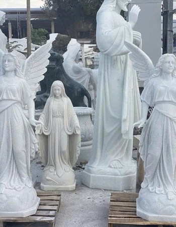 Tượng thiên thần tư thế giơ tay hướng lên trời đá trắng cao 150m ngang 75cm dài 55 cm T174