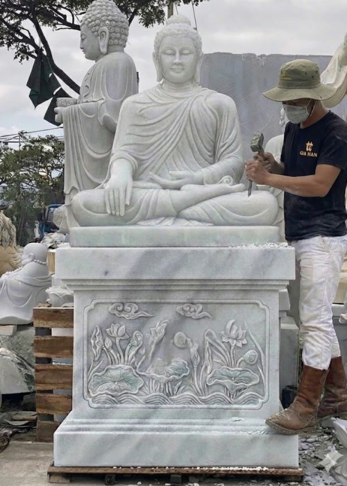 Tượng phật thích ca ngồi  đá trắng nguyên khối  Tượng cao 103cm x 81 x 52 (cm), đế cao 81cm x 85 x 55 (cm) T271