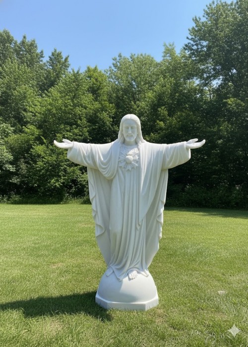 Tượng Chúa Giêsu dáng giang tay với vầng áo hào quang ở giữa ngực cao 1m5 đá trắng T206