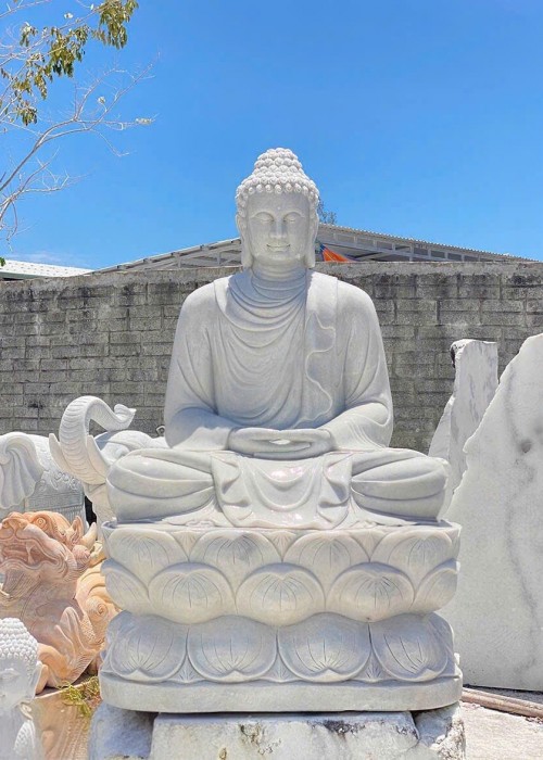 Tượng phật thích ca ngồi đá trắng nguyên khối  cao 1,8m x 1,1m x 80cm T273